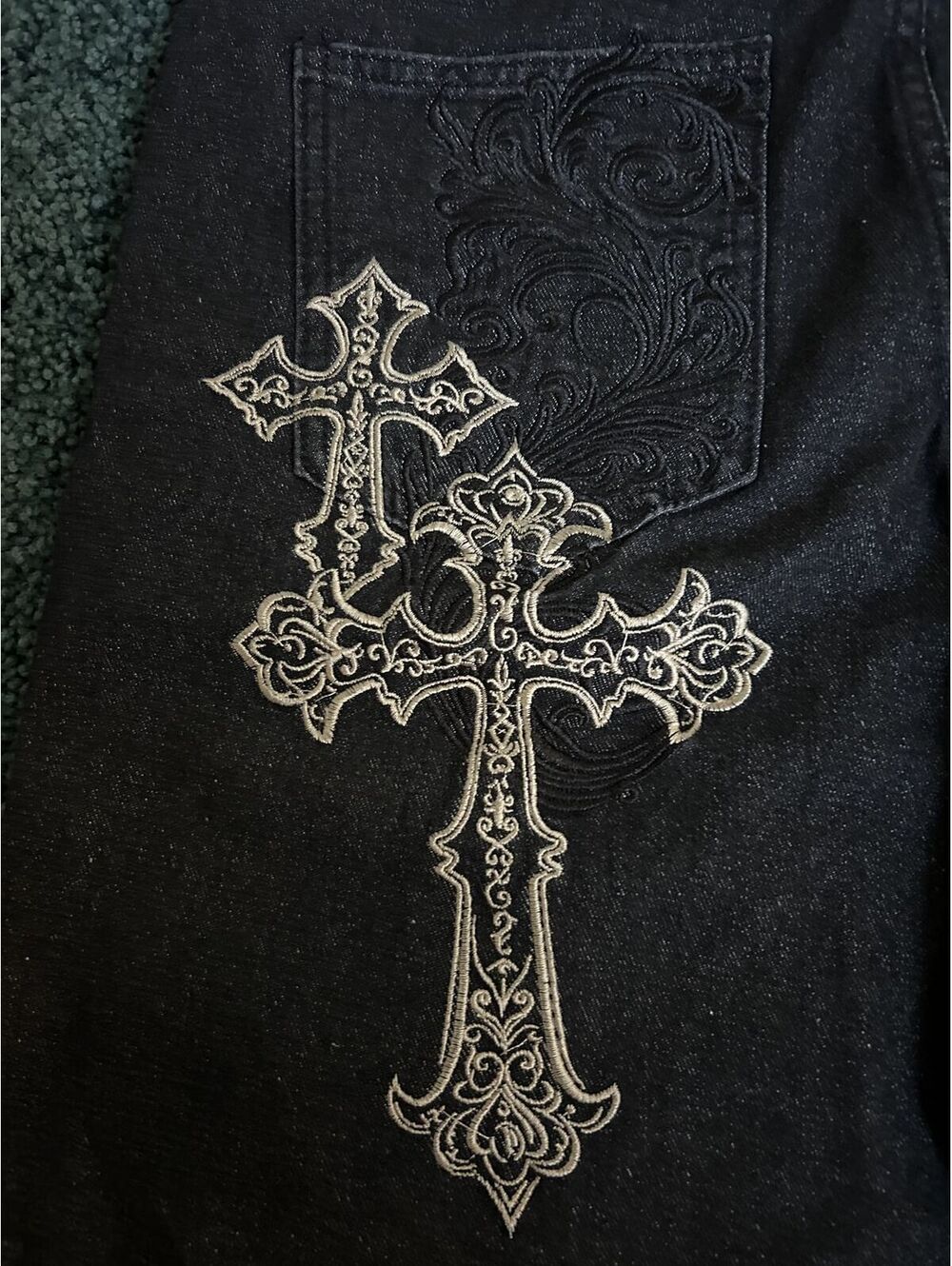 Black Denim Shorts with Embroidered Cross Design - Picture 3 of 7